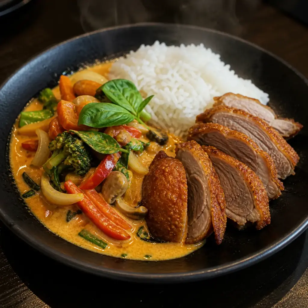 30) VIT CURRY - Basilikum in Kokosrahm und rotem Curry  — Knusprige Ente, Reis und Gemüse 1, 17, G, A, A1