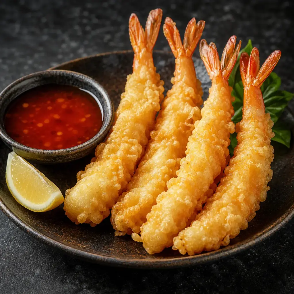 13-Tempura Garnelen mit Süß - Sauer Sauce (4 Stück) A, B, 1, 5, 17