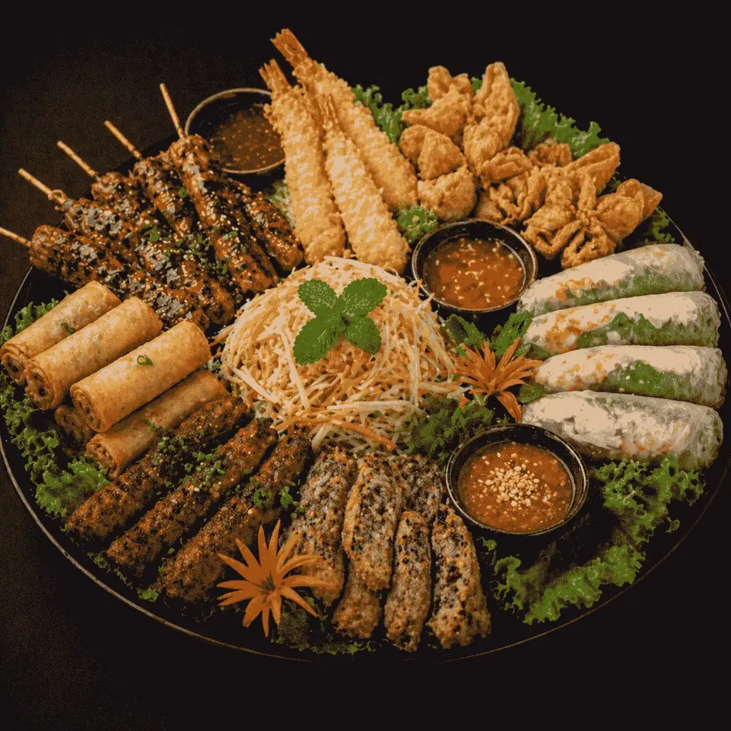 17-GEMISCHTE VORSPEISEN 2 Personen — Nem chien, Mini Frühlingsrolle, Hühnerspieße, Tempura Garnelen, Wantan gebacken, Cha La Lot, Goi Du Du, Sommerrollen mit Hühnerfleisch A, C, B, 1, 5, 17, A1