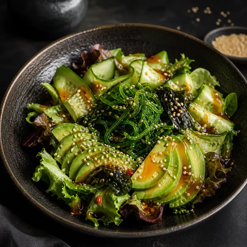 24-JAPANISCHER GEMISCHTER SALAT Avocado, Seetang, Gurken und Sesam mit Süß – Sauer Sauce K, 1, 17