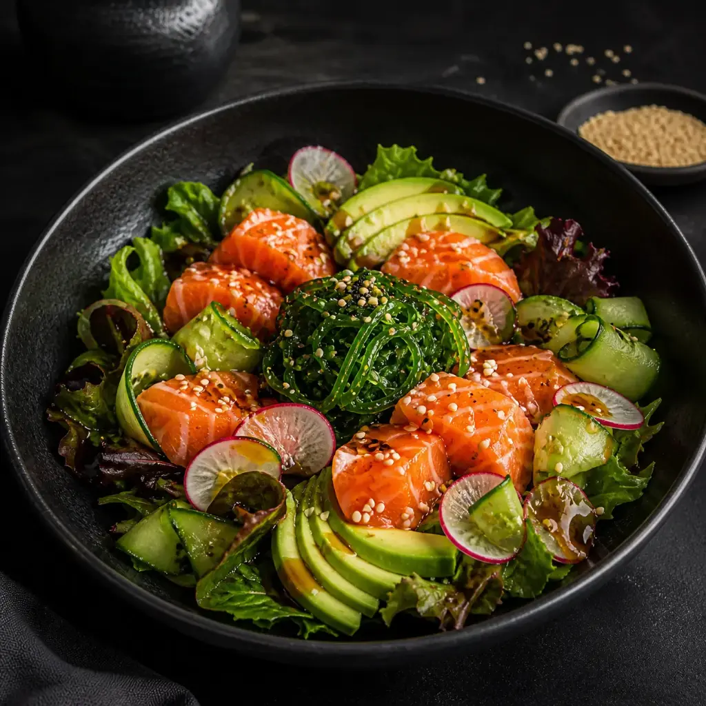 25) JAPANISCHER LACHS SALAT: Lachs, Avocado, Gurken, Seetang, Rettich und mit Süß - Sauer Sauce D, 1, 17