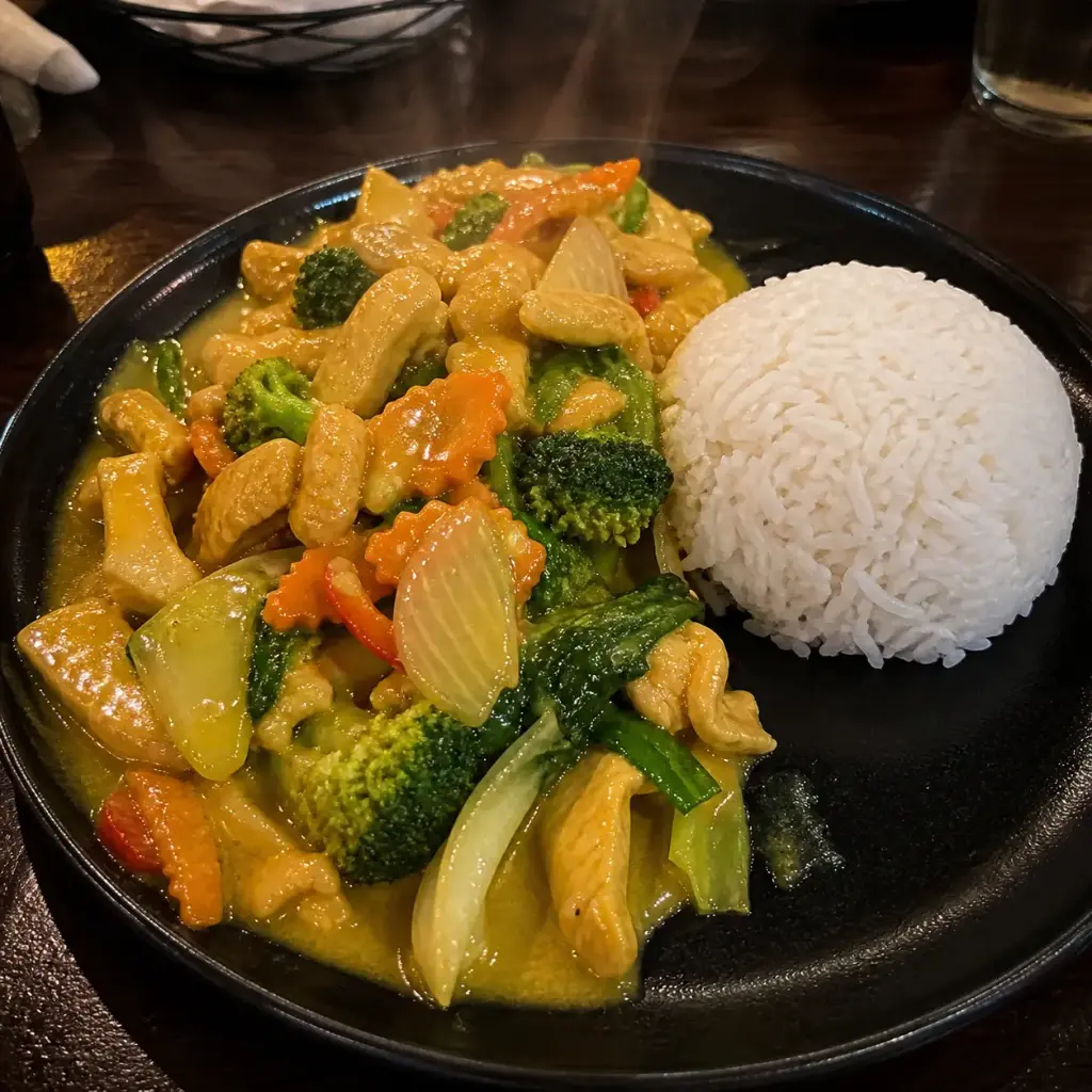 43A) GA XAO CURRY VANG - Thai Basilikum in Kokosrahm und gelber Currysauce A, 1, 17, G — gebackenes Hähnchen mit Reis und Gemüse