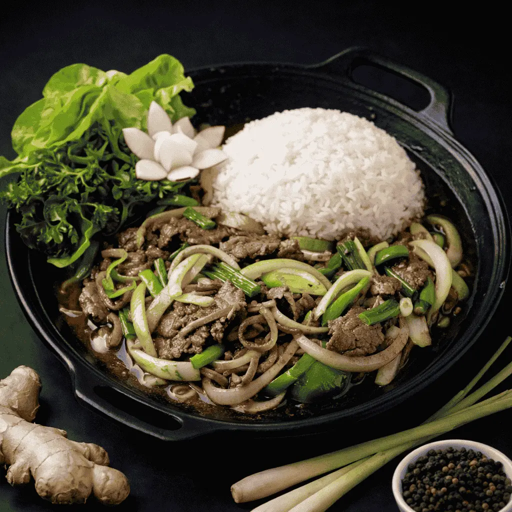 52)BO XAO HANH : Lauch, Koriander, Sojasauce A, 1, 17, 5 — Gebratenes Rindfleisch mit Reis