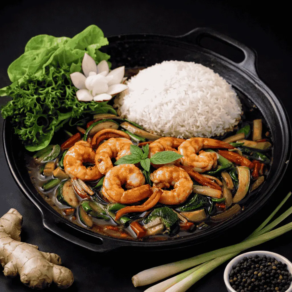 62)TOM XAO SOT DEN: Pakchoi, in Sojasauce A,1, 17, 5, B — Gebratene Garnelen mit Gemüse und Reis