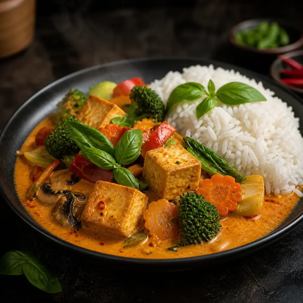 120A - Com Chay Tofu : gebratener Tofu mit Gemüse und Reis mit Basilikum in Rotem Curry, Kokosmilch (1,5,6,7,F) 