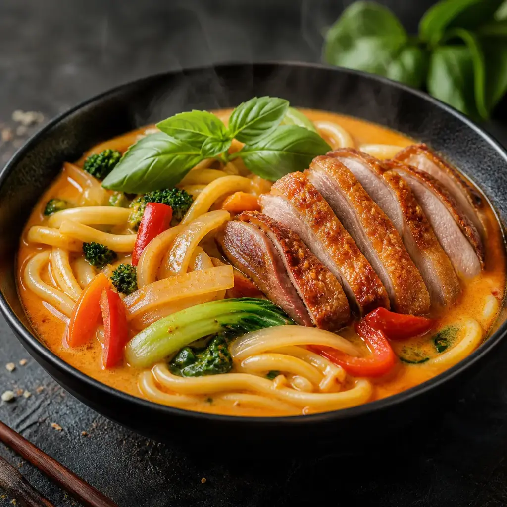 85A) UDON NUDELN : Mit knuspriger Ente — Basilikum und Gemüse in rotem Curry und Kokosmilch
