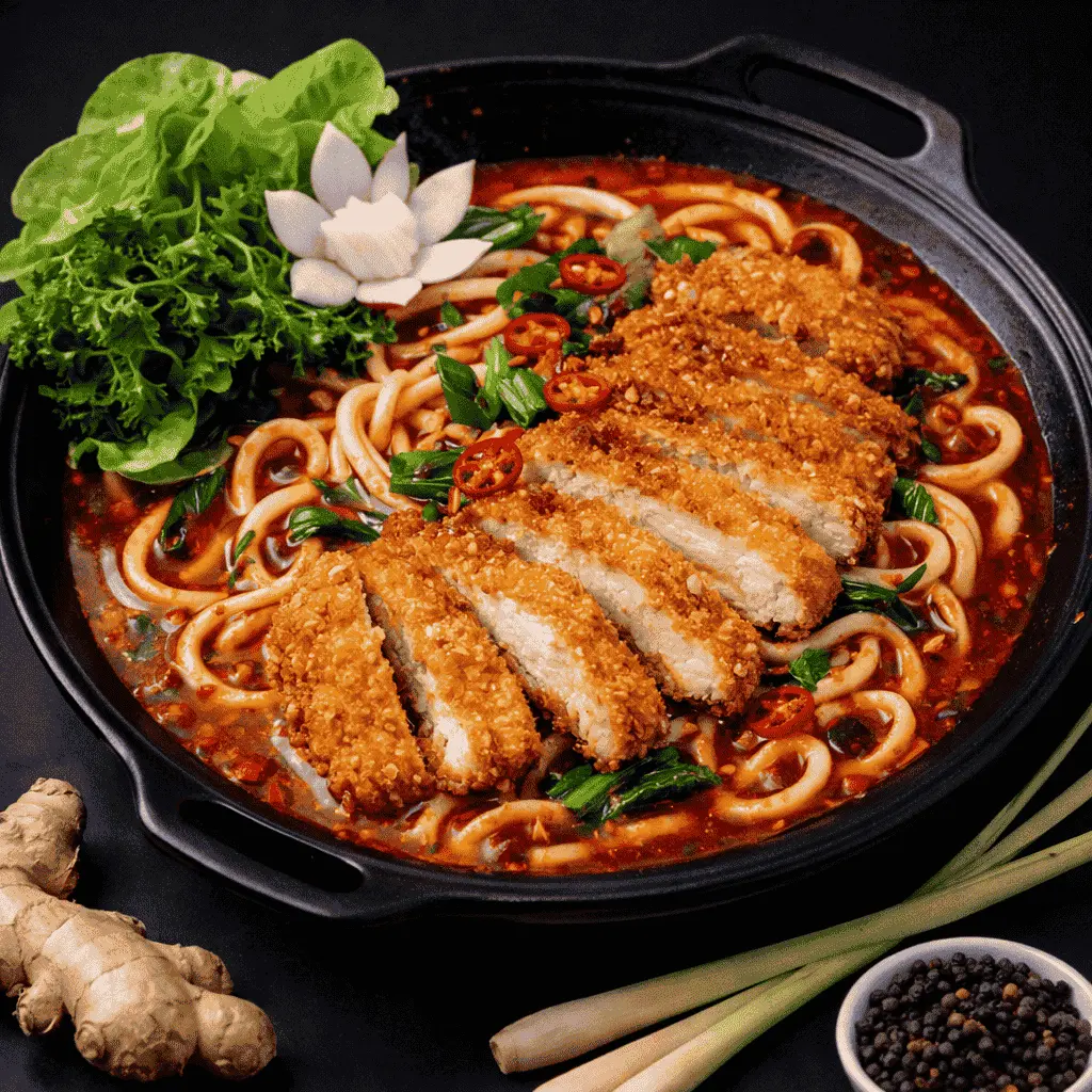 86)UDON NUDELN : Mit paniertem Hühnerfleisch — B ) Basilikum und Gemüse in Chilisoße