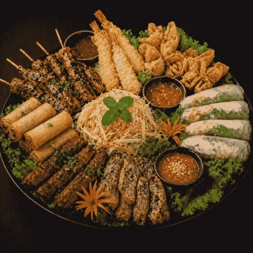 [17] 17-GEMISCHTE VORSPEISEN 2 Personen — Nem chien, Mini Frühlingsrolle, Hühnerspieße, Tempura Garnelen, Wantan gebacken, Cha La Lot, Goi Du Du, Sommerrollen mit Hühnerfleisch A, C, B, 1, 5, 17, A1