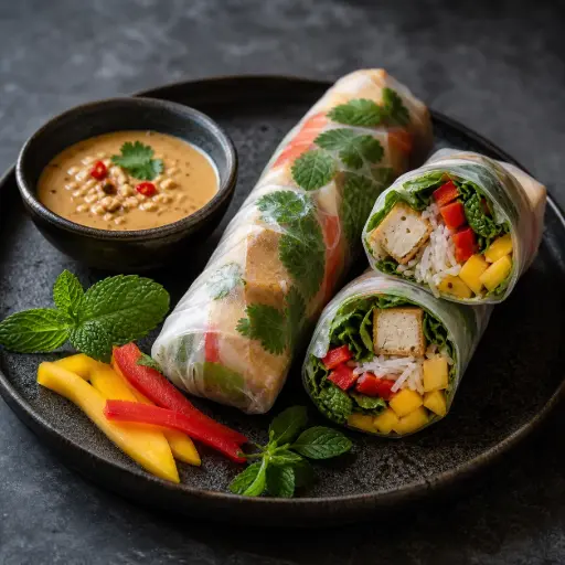 [28-A] 28A) SOMMERROLLEN (2 STÜCK) mit Salat, Mango, Paprika, Minze, Koriander, Reisnudeln und hausgemachter Sauce mit Tofu F,1, 17, A