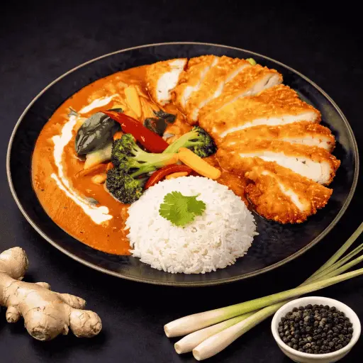 [40] 40) UC GA CURRY DO: Thai Basilikum in Kokosrahm und rotem Curry 1, 17, G, A1 — Paniertes Hühnerfleisch, mit Reis und Gemüse