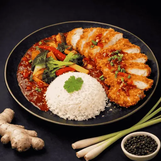 [41] 41) UC GA CHILI - Zitronengras und Thai Basilikum in Chilisauce 1, 5, 17, A1 — Paniertes Hühnerfleisch, mit Reis und Gemüse