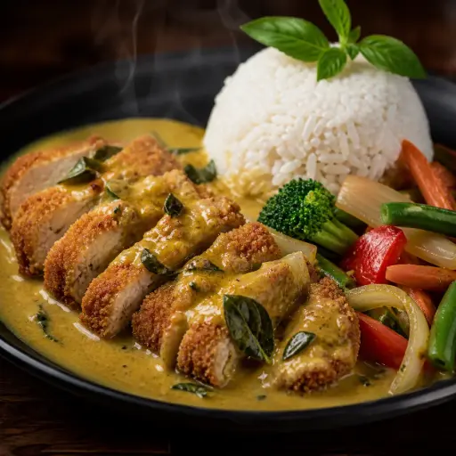 [44] 44) UC GA CURRY VANG: Thai Basilikum in Kokosrahm und gelber Currysauce 1, 17, G , A1 — Paniertes Hühnerfleisch, mit Reis und Gemüse