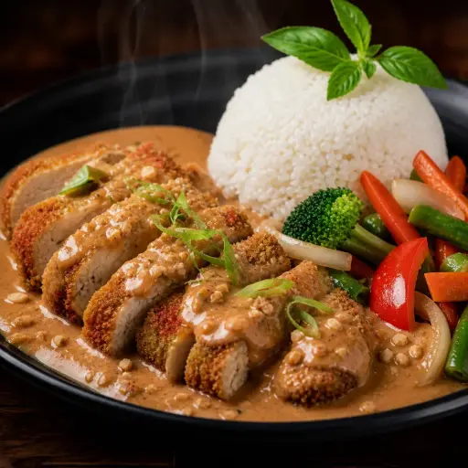 [45] 45) UC GA Erdnuss: Erdnuss Sauce-Paniertes Hühnerfleisch, mit Reis und Gemüse 1, 17, 5, E, G, A1 