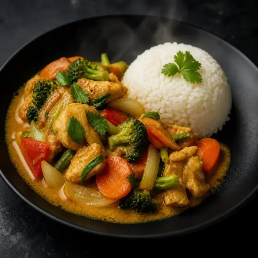 [40A] 40A) GA XAO CURRY: Thai Basilikum in Kokosrahm und rotem Curry - gebackenes Hähnchen mit Reis und Gemüse A,1, 17, G 