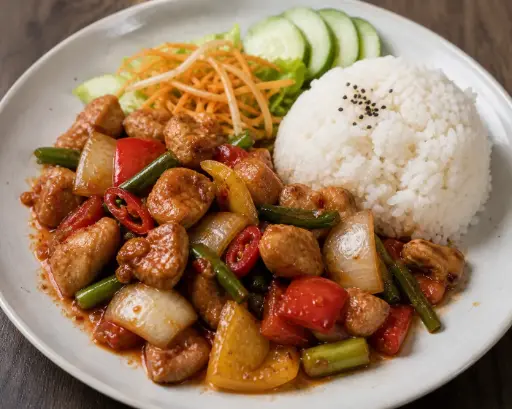 [41A] 41A) GA XAO CHILI - Zitronengras und Thai Basilikum in Chilisauce A, 1, 17, 5 — gebackenes Hähnchen mit Reis und Gemüse