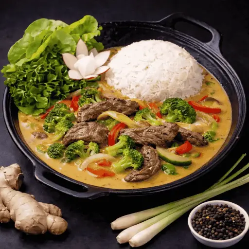 [50] 50) BO XAO CURRY: Basilikum in Kokosrahm und rotem Curry A, 1, 17, 5, G — Gebratenes Rindfleisch mit Reis