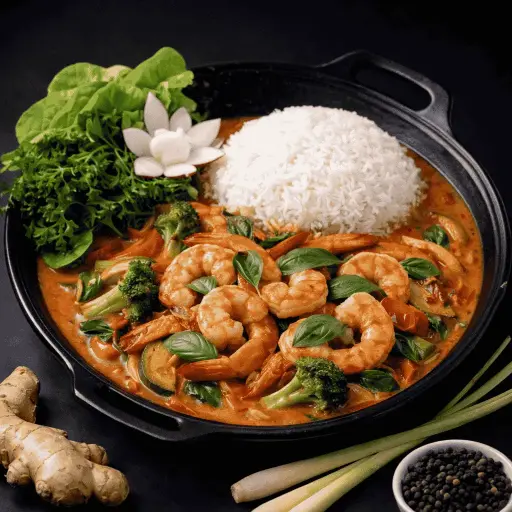[60] 60) TOM XAO CURRY :Basilikum, Kokosrahm, rotem Curry A, 1, 17, 5, G — Gebratene Garnelen mit Gemüse und Reis