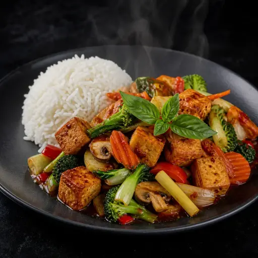 [120-B] 120B - Com Chay Tofu : gebratener Tofu mit Gemüse und Reismit Zitronengras und Basilikum in Chilisoße (1,5,6,7,F) 