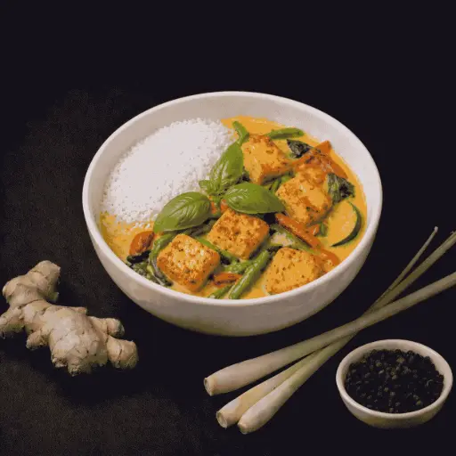[120-C] 120 - Com Chay Tofu : gebratener Tofu mit Gemüse und Reis (1,5,6,7,F) — C ) mit Basilikum in Kokosrahm und Gelber Curry Soße