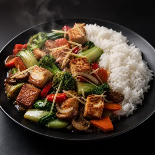 [120-D] 120D - Com Chay Tofu : gebratener Tofu mit Gemüse und Reis mit Pakchoi, gebratenem Gemüse und Ingwer in Sojasoße(1,5,6,7,F) 