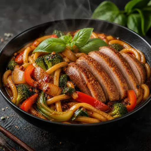 [5-B] 85B) UDON NUDELN : Mit knuspriger Ente - Basilikum und Gemüse in Chilisoße